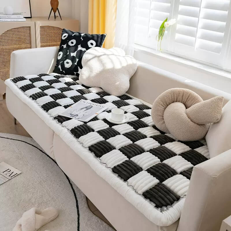 Cream-coloured Large Plaid Square Pet Mat Bed Couch Cover