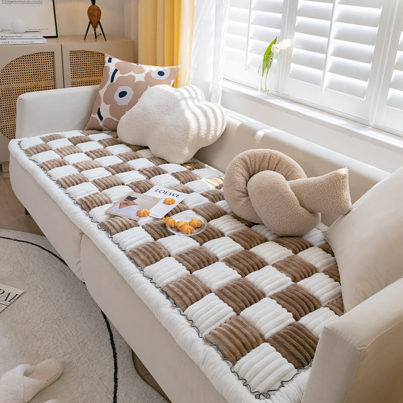 Cream-coloured Large Plaid Square Pet Mat Bed Couch Cover