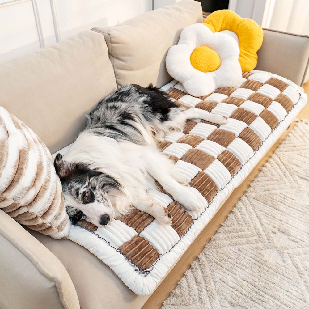 Cream-coloured Large Plaid Square Pet Mat Bed Couch Cover