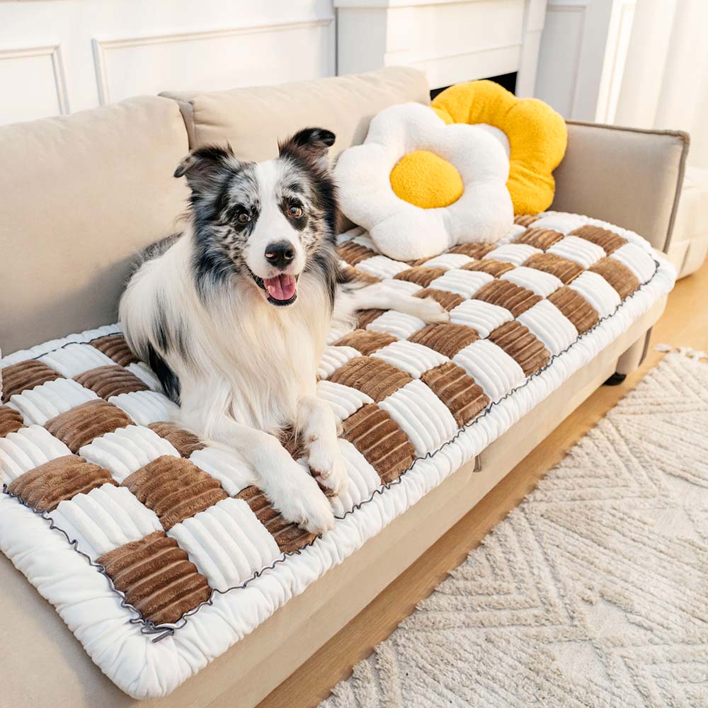 Cream-coloured Large Plaid Square Pet Mat Bed Couch Cover