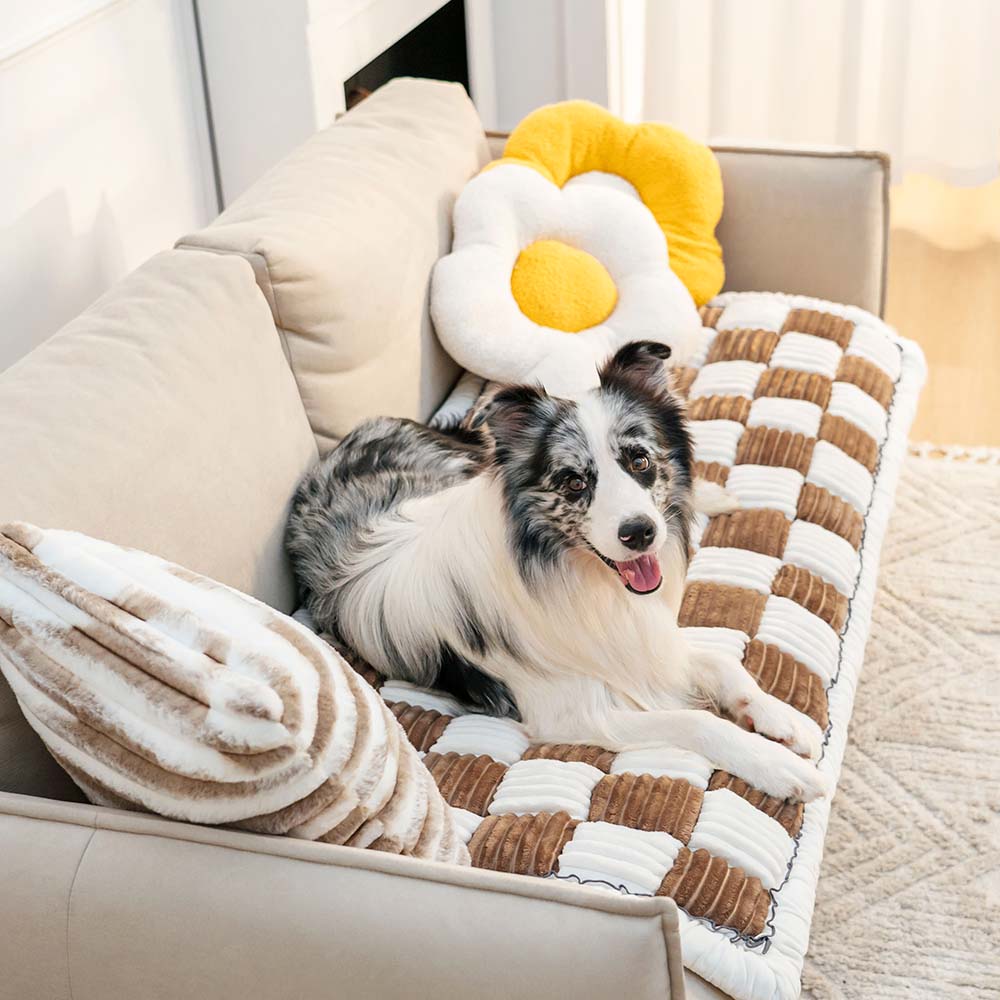 Cream-coloured Large Plaid Square Pet Mat Bed Couch Cover