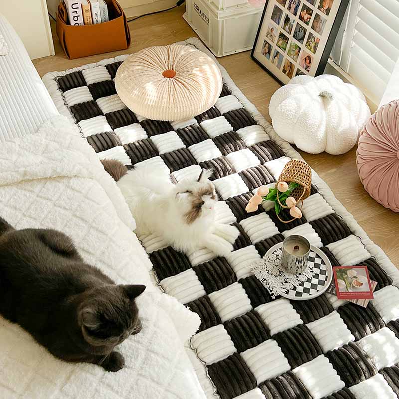 Cream-coloured Large Plaid Square Pet Mat Bed Couch Cover