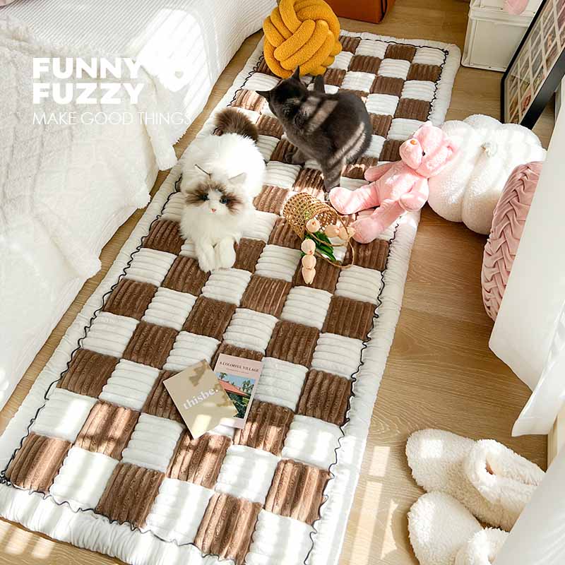 Cream-coloured Large Plaid Square Pet Mat Bed Couch Cover