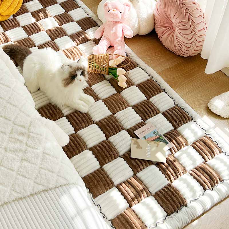 Cream-coloured Large Plaid Square Pet Mat Bed Couch Cover