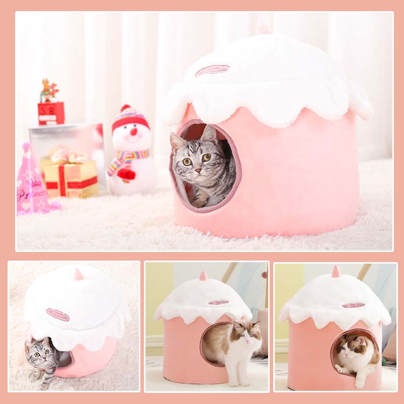 Pink Ice Cream & Rabbit Semi-Enclosed Cat Cave Bed