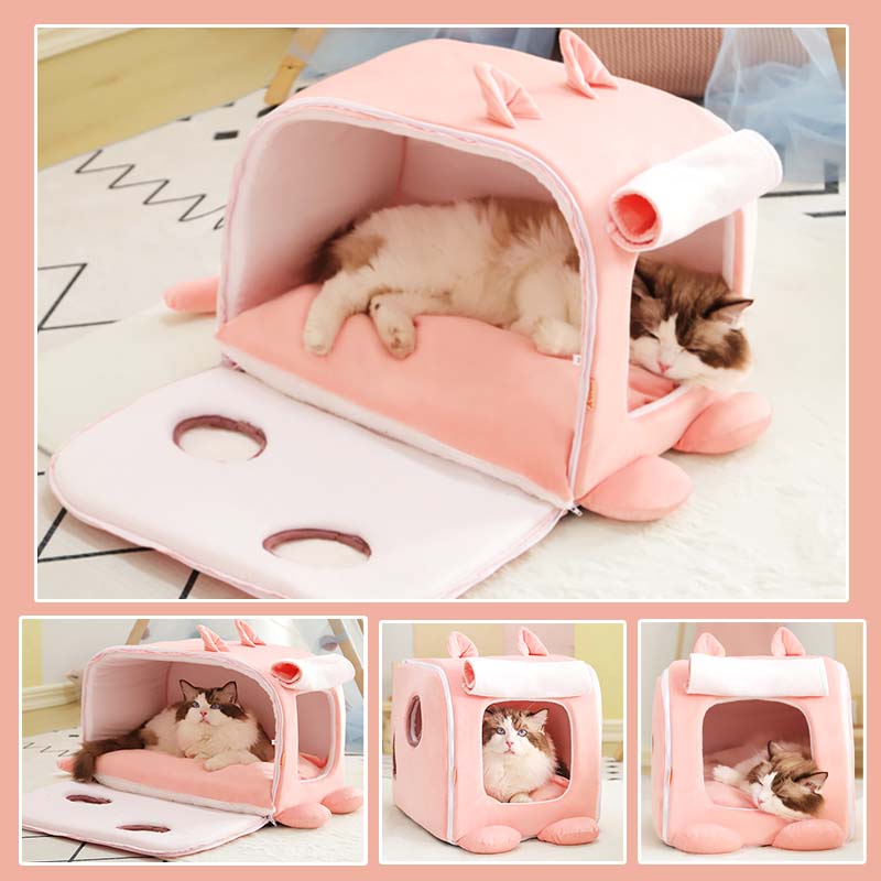 Pink Ice Cream & Rabbit Semi-Enclosed Cat Cave Bed