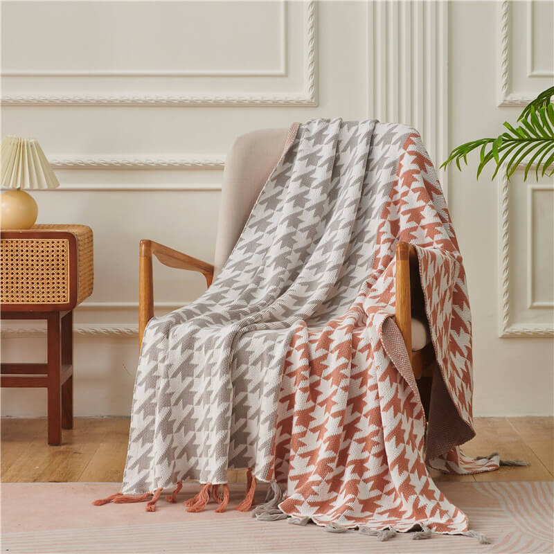 Colorblocked Fringe Sofa Blanket Knitted Coverlet